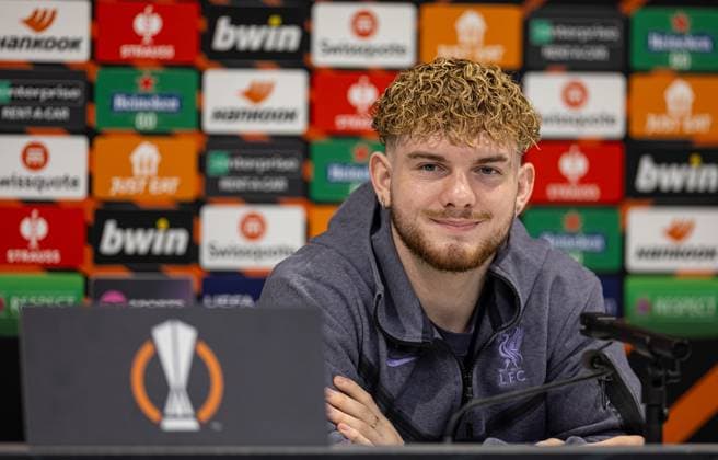Football - UEFA Europa League - Quarter-Final 1st Leg - Liverpool FC v BC Atalanta - MD-1 LIVERPOOL, ENGLAND - Wednesday, April 10, 2024: Liverpool s Harvey Elliott during a press conference, PK, Pressekonferenz at Anfield ahead of the UEFA Europa League Quarter-Final 1st Leg match between Liverpool FC and BC Atalanta. (Photo by David Rawcliffe Propaganda) LIVERPOOL Anfield MERSEYSIDE ENGLAND  Copyright: xDavidxRawcliffex P2024-04-10-Liverpool_Atalanta_MD-1-7