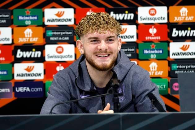 10th April 2024; Anfield and AXA Training Centre, Liverpool, Merseyside, England; press conference, PK, Pressekonferenz and training session ahead of the UEFA Europa League match between Liverpool and Atalanta in Liverpool, England. Harvey Elliott of Liverpool speaking to the media during today s press conference at Anfield ahead of tomorrow s match  ActionPlus12628040 AlanxMartin
