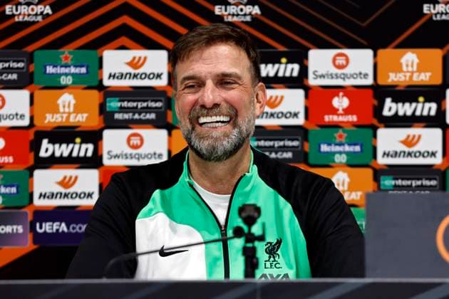 10th April 2024; Anfield and AXA Training Centre, Liverpool, Merseyside, England; press conference, PK, Pressekonferenz and training session ahead of the UEFA Europa League match between Liverpool and Atalanta in Liverpool, England. Liverpool manager Jurgen Klopp speaking to the media during today s press conference at Anfield ahead of tomorrow s match  ActionPlus12628034 AlanxMartin