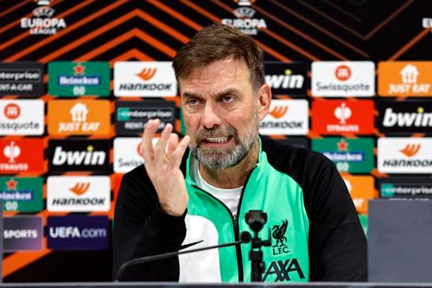 Sport Bilder des Tages 10th April 2024; Anfield and AXA Training Centre, Liverpool, Merseyside, England; press conference, PK, Pressekonferenz and training session ahead of the UEFA Europa League match between Liverpool and Atalanta in Liverpool, England. Liverpool manager Jurgen Klopp speaking to the media during today s press conference at Anfield ahead of tomorrow s match  ActionPlus12628036 AlanxMartin