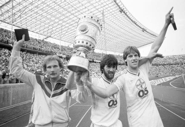 DFB Cup Final 1985 Bayer Uerdingen FC Bayern Muenchen 2 1 from l Wolfgang Schaefer and Friedhelm and Wolfgang Funkel with trophy HM