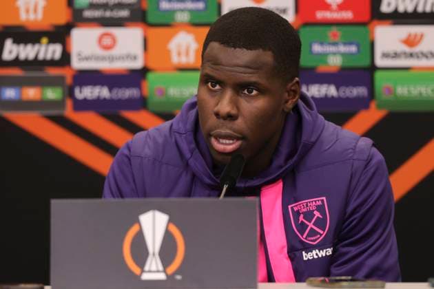 West Ham press conference, PK, Pressekonferenz Kurt Zouma of West Ham United during the press conference for the UEFA Europa League Quarter-Final First Leg match between Bayer Leverkusen and West Ham United at BayArena, Leverkusen Copyright: xPaulxChestertonx FIL-20008-0004 UK Newspapers OUT