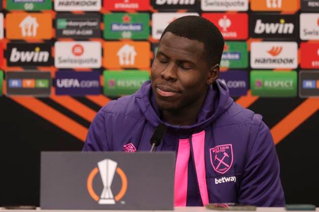 West Ham press conference, PK, Pressekonferenz Kurt Zouma of West Ham United during the press conference for the UEFA Europa League Quarter-Final First Leg match between Bayer Leverkusen and West Ham United at BayArena, Leverkusen Copyright: xPaulxChestertonx FIL-20008-0005 UK Newspapers OUT