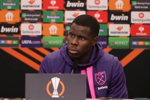 West Ham press conference, PK, Pressekonferenz Kurt Zouma of West Ham United during the press conference for the UEFA Europa League Quarter-Final First Leg match between Bayer Leverkusen and West Ham United at BayArena, Leverkusen Copyright: xPaulxChestertonx FIL-20008-0007 UK Newspapers OUT