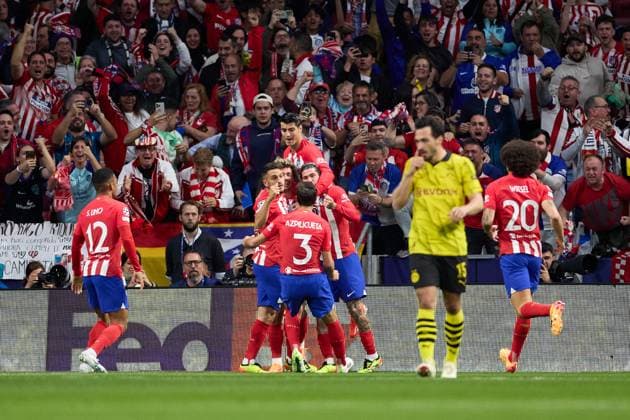 Rodrigo De Paul of Atletico de Madrid celebrating the opening goal with his teammates during the UEFA Champions League 2023 24 quarter-finals match between Atletico de Madrid and Borussia Dortmund at Stadium Civitas Metropolitano on April 10, 2024 in Madrid, Spain. FOOTBALL : Atletico Madrid vs Borussia Dormund - UEFA Ligue des Champions - 1 4 Quart - 10 04 2024 LGM Panoramic 