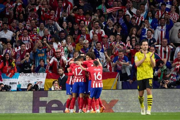 Rodrigo De Paul of Atletico de Madrid celebrating the opening goal with his teammates during the UEFA Champions League 2023 24 quarter-finals match between Atletico de Madrid and Borussia Dortmund at Stadium Civitas Metropolitano on April 10, 2024 in Madrid, Spain. FOOTBALL : Atletico Madrid vs Borussia Dormund - UEFA Ligue des Champions - 1 4 Quart - 10 04 2024 LGM Panoramic 