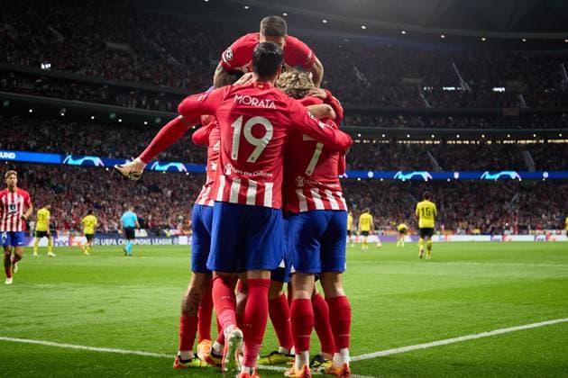 Rodrigo De Paul of Atletico de Madrid celebrating the opening goal with his teammates during the UEFA Champions League 2023 24 quarter-finals match between Atletico de Madrid and Borussia Dortmund at Stadium Civitas Metropolitano on April 10, 2024 in Madrid, Spain. FOOTBALL : Atletico Madrid vs Borussia Dormund - UEFA Ligue des Champions - 1 4 Quart - 10 04 2024 LGM Panoramic 