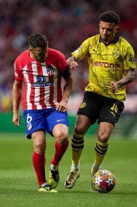 Koke of Atletico de Madrid battles for the ball with Jadon Sancho of Borussia Dortmund during the UEFA Champions League 2023 24 quarter-finals match between Atletico de Madrid and Borussia Dortmund at Stadium Civitas Metropolitano on April 10, 2024 in Madrid, Spain. FOOTBALL : Atletico Madrid vs Borussia Dormund - UEFA Ligue des Champions - 1 4 Quart - 10 04 2024 LGM Panoramic 