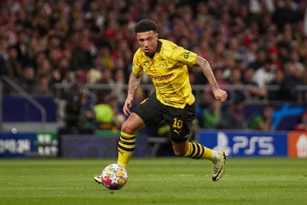 Quarter-final First Leg UEFA Champions League 2023 24, Atletico de Madrid v Borussia Dortmund MADRID, SPAIN - APRIL 10: Jadon Sancho, Left Winger of Borussia Dortmund runs with the ball during to the UEFA Champions League quarter-final first leg match between Atletico de Madrid and Borussia Dortmund at Civitas Metropolitano Stadium on April 10, 2024 in Madrid, Spain. (Photo by Jose Torres Photo Players Images) Madrid Civitas Metropolitano Madrid Spain Copyright: xJosexTorres PhotoxPlayersxImagesx