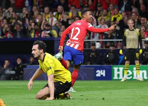 Madrid, Spain, 10th April 2024. Samuel Lino of Athletico Madrid celebrates after scoring to make it 2-0 during the UEFA Champions League match at Wanda Metropolitano, Madrid. Picture credit should read: Paul Terry Sportimage EDITORIAL USE ONLY. No use with unauthorised audio, video, data, fixture lists, club league logos or live services. Online in-match use limited to 120 images, no video emulation. No use in betting, games or single club league player publications. SPI-3067-0021
