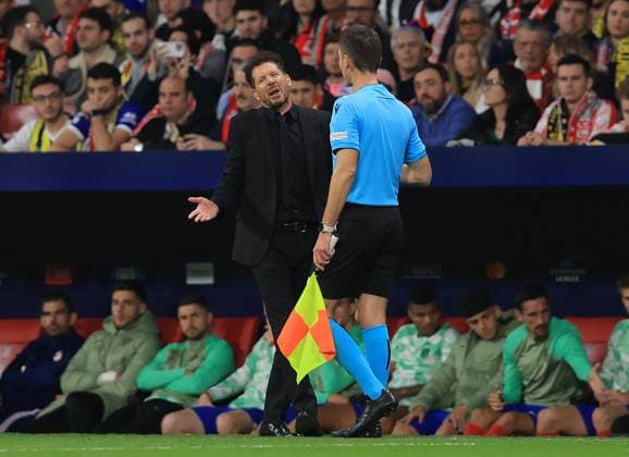 Madrid, Spain, 10th April 2024. Diego Simeone, Manager of Athletic Madrid reacts towards the assistant referee during the UEFA Champions League match at Wanda Metropolitano, Madrid. Picture credit should read: Paul Terry Sportimage EDITORIAL USE ONLY. No use with unauthorised audio, video, data, fixture lists, club league logos or live services. Online in-match use limited to 120 images, no video emulation. No use in betting, games or single club league player publications. SPI-3067-0024
