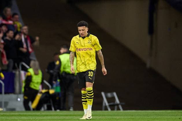 Jadon Sancho of Borussia Dortmund reacts during the UEFA Champions League 2023 24 quarter-finals match between Atletico de Madrid and Borussia Dortmund at Stadium Civitas Metropolitano on April 10, 2024 in Madrid, Spain. FOOTBALL : Atletico Madrid vs Borussia Dormund - UEFA Ligue des Champions - 1 4 Quart - 10 04 2024 LGM Panoramic 