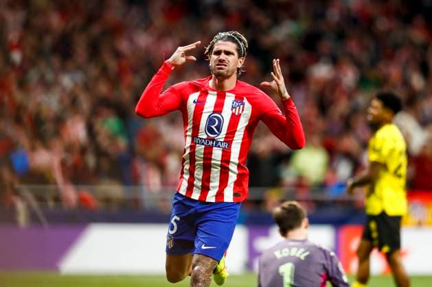 April 10, 2024, Madrid, Madrid, SPAIN: Rodrigo De Paul of Atletico de Madrid celebrates a goal during the UEFA Champions League, Quarter finals, football match played between Atletico de Madrid and Borussia Dortmund at Civitas Metropolitano stadium on April 10, 2024, in Madrid, Spain. Madrid SPAIN - ZUMAa181 20240410_zaa_a181_019 Copyright: xIrinaxR.xHipolitox