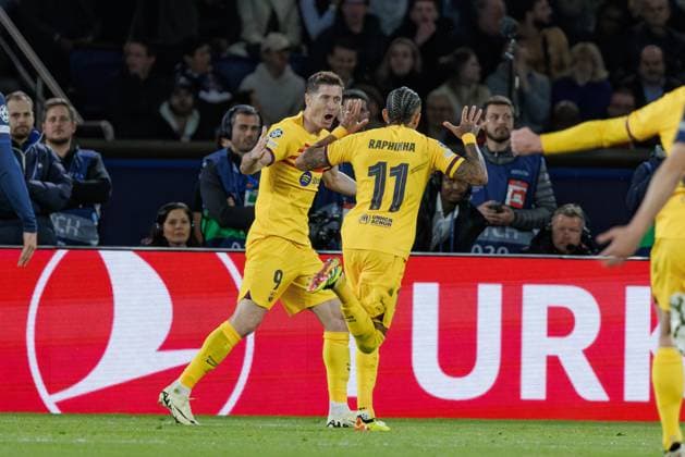 Raphinha and Robert Lewandowski celebrate after scoring goal during UEFA Champions League quarterfinal between Paris Saint-Germain FC and FC Barcelona, Barca at Parc des Princes, Paris, France (Maciej Rogowski) Paris Parc des Princes France Copyright: xMaciejxRogowskix psgfcb-20