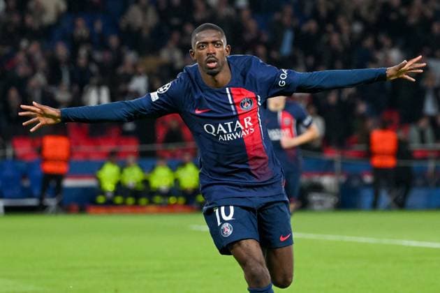 2024-04-10 Paris Saint-Germain v FC Barcelona, Barca - Quarter-final First Leg - UEFA Champions League 2023 24 PARIS, FRANCE - APRIL 10: Ousmane Dembele of Paris Saint-Germain celebrates after scoring the team s first goal during the Quarter-final First Leg - UEFA Champions League 2023 24 match between Paris Saint-Germain and FC Barcelona at Parc des Princes on April 10, 2024 in Paris, France. (Photo by Matthieu Mirville BSR Agency) Paris France Content not available for redistribution in The Netherlands directly or indirectly through any third parties. Copyright: xBSRxAgencyx