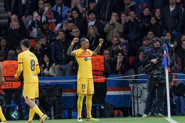 Raphinha celebrates after scoring goal during UEFA Champions League quarterfinal between Paris Saint-Germain FC and FC Barcelona, Barca at Parc des Princes, Paris, France (Maciej Rogowski) Paris Parc des Princes France Copyright: xMaciejxRogowskix psgfcb-4-2