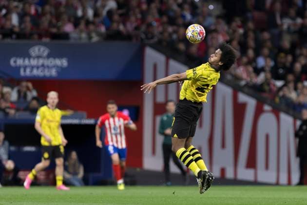MADRID, SPAIN - APRIL 10:Karim Adeyemi of Borussia Dortmund in action during the UEFA Champions league 2023 24 match round of 8 first leg match between Atletico de Madrid and Borussia Dortmund at Civitas Metropolitano Stadium. ONLYxEDITORIALxUSAGE  (249738019)