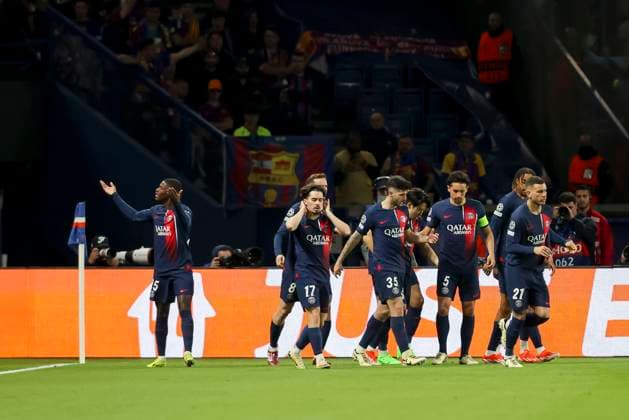 Vitinha (Paris Saint-Germain) celebrates after scoring his team s second goal with teammates, UEFA Champions League 2023 24 - Quarter-final First Leg, Paris Saint-Germain vs FC Barcelona, Barca Parc des Princes, April 10, 2024, Paris, France.