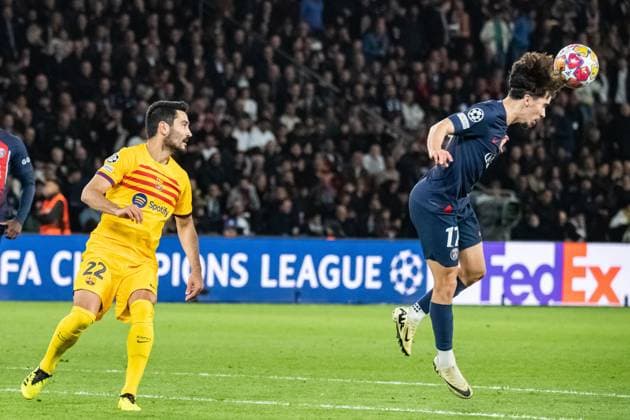 Ilkay Gündogan (FC Barcelone) Vitinha (Paris SG) FOOTBALL : Paris SG x FC Barcelone - Ligue des Champions - Quart de Finale - 10 04 2024 BaptisteAutissier Panoramic 