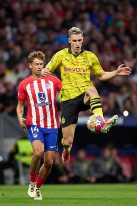 Nico Schlotterbeck of Borussia Dortmund in action during the UEFA Champions League 2023 24 quarter-finals match between Atletico de Madrid and Borussia Dortmund at Stadium Civitas Metropolitano on April 10, 2024 in Madrid, Spain. FOOTBALL : Atletico Madrid vs Borussia Dormund - UEFA Ligue des Champions - 1 4 Quart - 10 04 2024 LGM Panoramic 