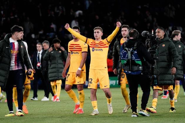 Fermin of Barcelona celebrates after the match Paris Saint-Germain v Barcelona, UEFA Champions League, Quarter Final, First Leg, Football, Parc des Princes, Paris, France - 10 Apr 2024 EDITORIAL USE ONLY No use with unauthorised audio, video, data, fixture lists, club league logos or live services. Online in-match use limited to 120 images, no video emulation. No use in betting, games or single club league player publications. Copyright: xDavexWinter Shutterstockx 14424874cw