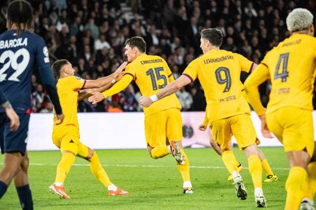 Joie des joueurs du FC Barcelone aprÃ s le but de Andreas Christensen (FC Barcelone) FOOTBALL : Paris SG x FC Barcelone - Ligue des Champions - Quart de Finale - 10 04 2024 BaptisteAutissier Panoramic 