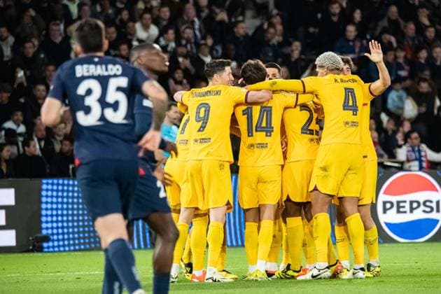 Joie des joueurs du FC Barcelone aprÃ s le but de Andreas Christensen (FC Barcelone) FOOTBALL : Paris SG x FC Barcelone - Ligue des Champions - Quart de Finale - 10 04 2024 BaptisteAutissier Panoramic 