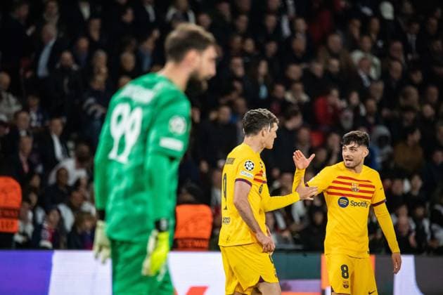 Joie des joueurs du FC Barcelone aprÃ s le but de Andreas Christensen (FC Barcelone) FOOTBALL : Paris SG x FC Barcelone - Ligue des Champions - Quart de Finale - 10 04 2024 BaptisteAutissier Panoramic 
