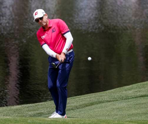 Sergio Garcia of Spain chips onto the fifth green during the Par 3 Contest at the Masters Tournament at Augusta National Golf Club in Augusta, Georgia on Wednesday, April 10, 2024.  AUG20240410525 TANNENxMAURY