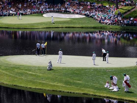 Tom Watson (R) putts on the eights green during the Par 3 Contest at the Masters Tournament at Augusta National Golf Club in Augusta, Georgia on Wednesday, April 10, 2024.  AUG20240410526 TANNENxMAURY