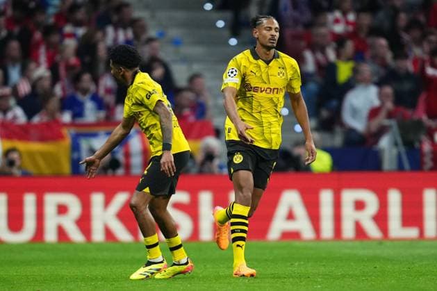 Sebastien Haller of Borussia Dortmund celebrates after scoring the 2-1 Atletico de Madrid v Borussia Dortmund. UEFA Champions League match. Quarter-finals, first leg. Football, Civitas Metropolitano Stadium, Madrid, Spain - 10 April 2024 Editorial use only  Copyright: xBaguxBlanco PRESSINPHOTO Shutterstockx 14430096ah