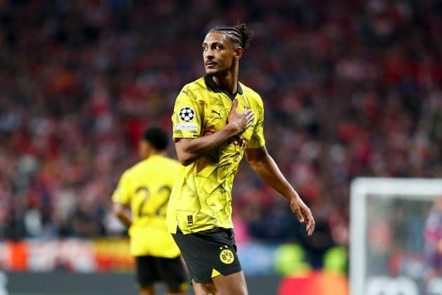 April 10, 2024, Madrid, Madrid, SPAIN: Sebastien Haller of Borussia Dortmund celebrates a goal during the UEFA Champions League, Quarter finals, football match played between Atletico de Madrid and Borussia Dortmund at Civitas Metropolitano stadium on April 10, 2024, in Madrid, Spain. Madrid SPAIN - ZUMAa181 20240410_zaa_a181_081 Copyright: xIrinaxR.xHipolitox