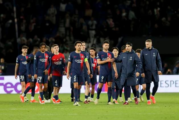 Players of Parisl look dejected, UEFA Champions League 2023 24 - Quarter-final First Leg, Paris Saint-Germain vs FC Barcelona, Barca Parc des Princes, April 10, 2024, Paris, France.
