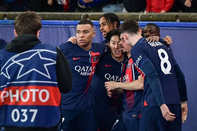 Champions League PSG v Barcelona FA Paris Saint-Germain?s players celebrate scoring a goal during the UEFA Champions League quarter-final football match between Paris Saint-Germain and FC Barcelona, Barca at the Parc des Princes stadium in Paris on April 10, 2024. Photo by Firas Abdullah ABACAPRESS.COM  Copyright: xAbdullahxFiras ABACAx