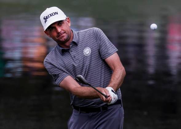 Keegan Bradley of the US chips onto the fifth green during the Par 3 contest at the Masters Tournament at Augusta National Golf Club in Augusta, Georgia on Wednesday, April 10, 2024.  AUG20240410540 TANNENxMAURY