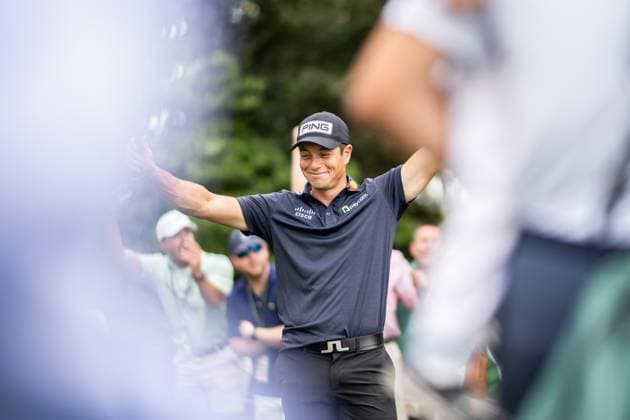 240410 Viktor Hovland of Norway celebrates as he makes a hole in one on the sixth hole during the Par Three Contest prior to the 2024 Masters Golf Tournament on April 10, 2024 in Augusta Photo Petter Arvidson BILDBYRAN kod PA PA0791 bbeng golf masters the masters Augusta us masters  Copyright: PETTERxARVIDSON BB240410PA072