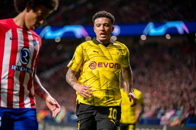 UEFA Champions League 2023 24 Quarter-final First Leg: Atletico Madrid v Borussia Dortmund Jadon Sancho of Borussia Dortmund seen in action during the UEFA Champions League quarter-final first leg match between Atletico Madrid and Borussia Dortmund at Estadio Civitas Metropolitano on April 10, 2024 in Madrid, Spain. Madrid Estadio Civitas Metropolitano Madrid Spain Copyright: xAlbertoxGardinx AGardin_20240410_football_AtleticoMadrid_Borussia_Dortmund_041