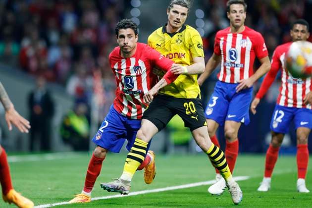 Jose Maria Gimenez (Atletico), Marcel Sabitzer (Dortmund), APRIL 10, 2024 - Football Soccer : UEFA Champions League round of 8 1st leg match between Atletico de Madrid 2-1 Borussia Dortmund at Estadio Metropolitano in Madrid, Spain. Noxthirdxpartyxsales  (249753420)