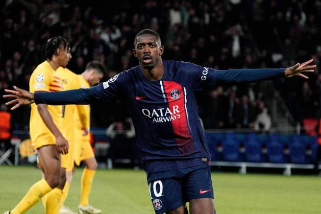 Ousmane Dembele of PSG wheels away to celebrate after scoring to make it 1-1 Paris Saint-Germain v Barcelona, UEFA Champions League, Quarter Final, First Leg, Football, Parc des Princes, Paris, France - 10 Apr 2024 EDITORIAL USE ONLY No use with unauthorised audio, video, data, fixture lists, club league logos or live services. Online in-match use limited to 120 images, no video emulation. No use in betting, games or single club league player publications. Copyright: xDavexWinter Shutterstockx 14424874gi