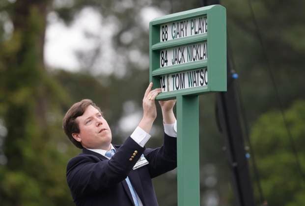 Name plates of honorary starters Jack Nicklaus, Gary Player and Tom Watson are placed on the first hole tee box before the first round of the Masters Tournament at Augusta National Golf Club in Augusta, Georgia on Thursday, April 11, 2024.  AUG20240411503 TANNENxMAURY