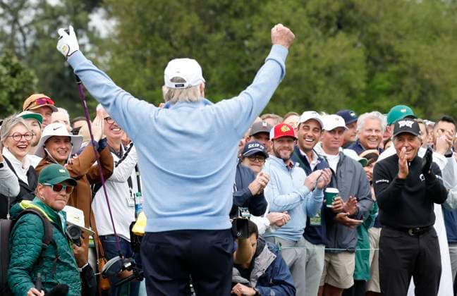 Honorary starter Jack Nicklaus celebrates after teeing off on the first hole before the first round of the Masters Tournament at Augusta National Golf Club in Augusta, Georgia on Thursday, April 11, 2024.  AUG20240411102 JOHNxANGELILLO