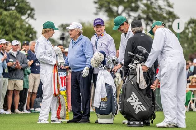 240411 Jack Nicklaus of The United States, Tom Watson of The United States and Gary Player of South Africa in the Honorary Starters ceremony during the first round of the 2024 Masters Golf Tournament on April 11, 2024 in Augusta Photo Petter Arvidson BILDBYRAN kod PA PA0792 bbeng golf masters the masters Augusta us masters  Copyright: PETTERxARVIDSON BB240411PA033
