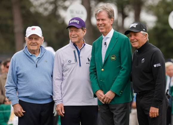 Honorary starters Jack Nicklaus, Tom Watson, Augusta National chairman Fred Ridley and Gary Player (L to R) pose before teeing off on the first hole before the first round of the Masters Tournament at Augusta National Golf Club in Augusta, Georgia on Thursday, April 11, 2024.  AUG20240411509 TANNENxMAURY