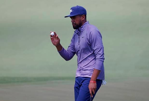 Tony Finau acknowledges the crowd after sinking a putt on the second hole during the first round of the Masters Tournament at Augusta National Golf Club in Augusta, Georgia on Thursday, April 11, 2024.  AUG20240411532 TANNENxMAURY