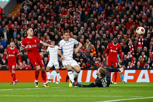 Mario Pasalic of Atalanta takes a shot on goal Liverpool v Atalanta, UEFA Europa League, Quarter Final, First Leg, Football, Anfield, Liverpool, UK - 11 Apr 2024 EDITORIAL USE ONLY No use with unauthorised audio, video, data, fixture lists, club league logos or live services. Online in-match use limited to 120 images, no video emulation. No use in betting, games or single club league player publications. Copyright: xMattxWest Shutterstockx 14424886y