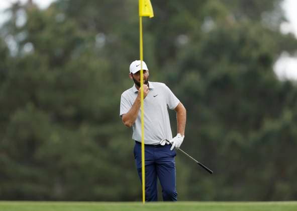 Scottie Scheffler lines up a putt on the third hole during the first round of the Masters Tournament at Augusta National Golf Club in Augusta, Georgia on Thursday, April 11, 2024.  AUG20240411131 JOHNxANGELILLO