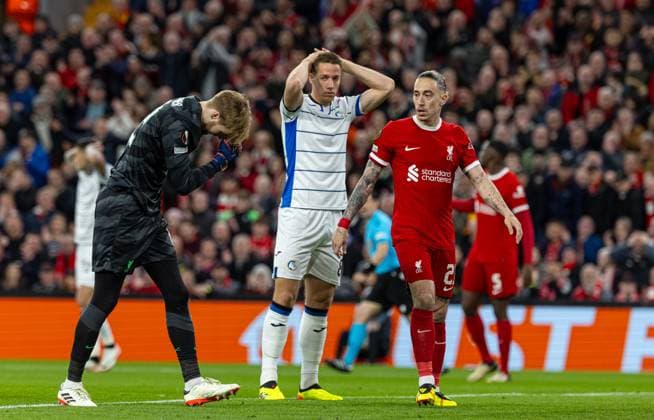 Football - UEFA Europa League - Quarter-Final 1st Leg - Liverpool FC v BC Atalanta LIVERPOOL, ENGLAND - Thursday, April 11, 2024: Atalanta s Mario PaÅ¡aliÄ‡ reacts after missing a chance during the UEFA Europa League Quarter-Final 1st Leg match between Liverpool FC and BC Atalanta at Anfield. (Photo by David Rawcliffe Propaganda) LIVERPOOL Anfield MERSEYSIDE ENGLAND  Copyright: xDavidxRawcliffex P2024-04-11-Liverpool_Atalanta-27