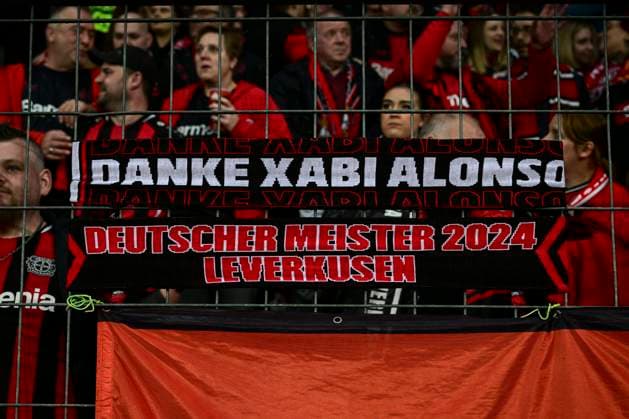 Scarf German Champion 2024 and thank you Xabi Alonso, Bayer Leverkusen vs West Ham United, Football, Europa League, Quarterfinal, First leg, 11 04 2024 Leverkusen North Rhine-Westphalia Germany Copyright: xkolbert-press MarcxNiemeyerx