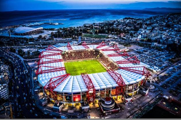 Fußball, EL, AC Mailand - AS Rom Aerial panoramic view of the Georgios Karaiskakis Stadium during the UEFA Europa Conference League Quarter finals1st leg match between Olympiacos FC and Fenerbahce held in G.Karaiskakis Stadium in Piraeus, Greece, 11 April 2024. IMAGO ONE INCH PRODUCTIONS PIRAEUS Greece Copyright: xOnexInchxProductionsx 6183462