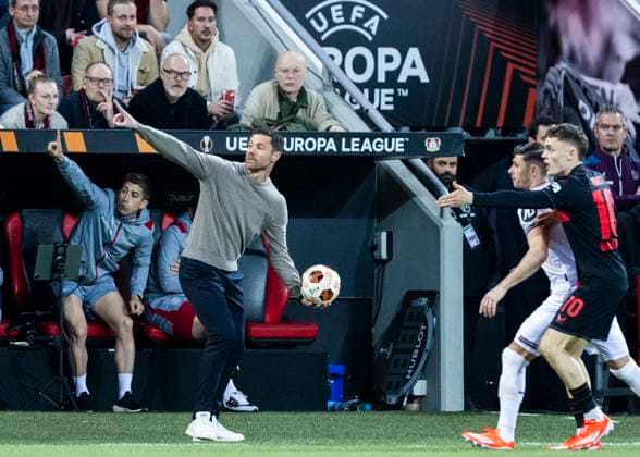 Leverkusen, Bayarena, 11 04 2024 Head coach Xabi Alonso Leverkusen reacts during the Europa League match Bayer 04 Leverkusen vs West Ham United